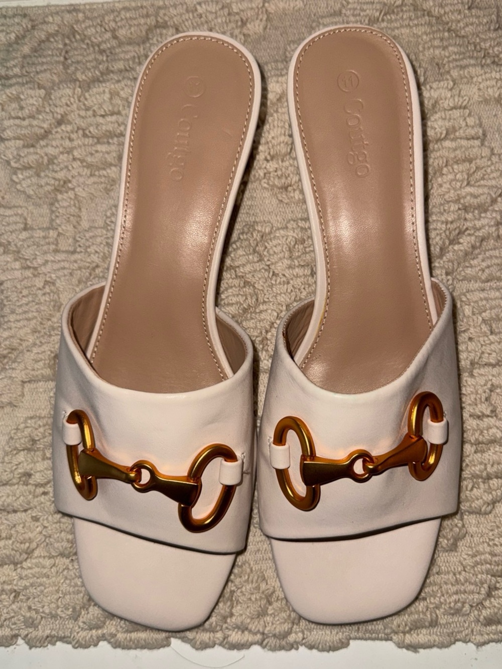 White Leather Slide Sandals with Gold Horsebit Accent